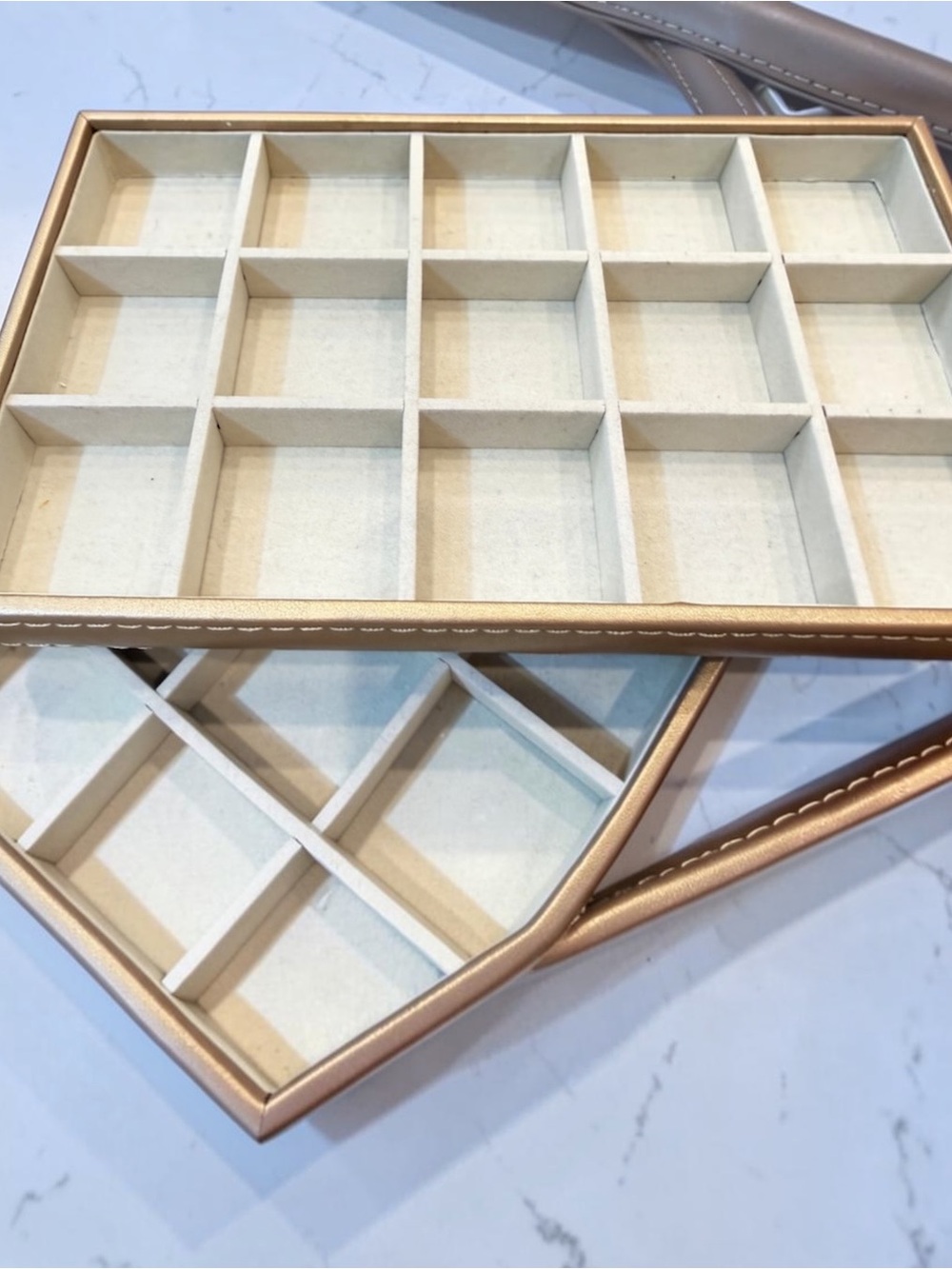 Gold Faux Leather, Ultra-Suede Lined Stackable Jewelry Organizer Tray Set - Picture 4 of 4